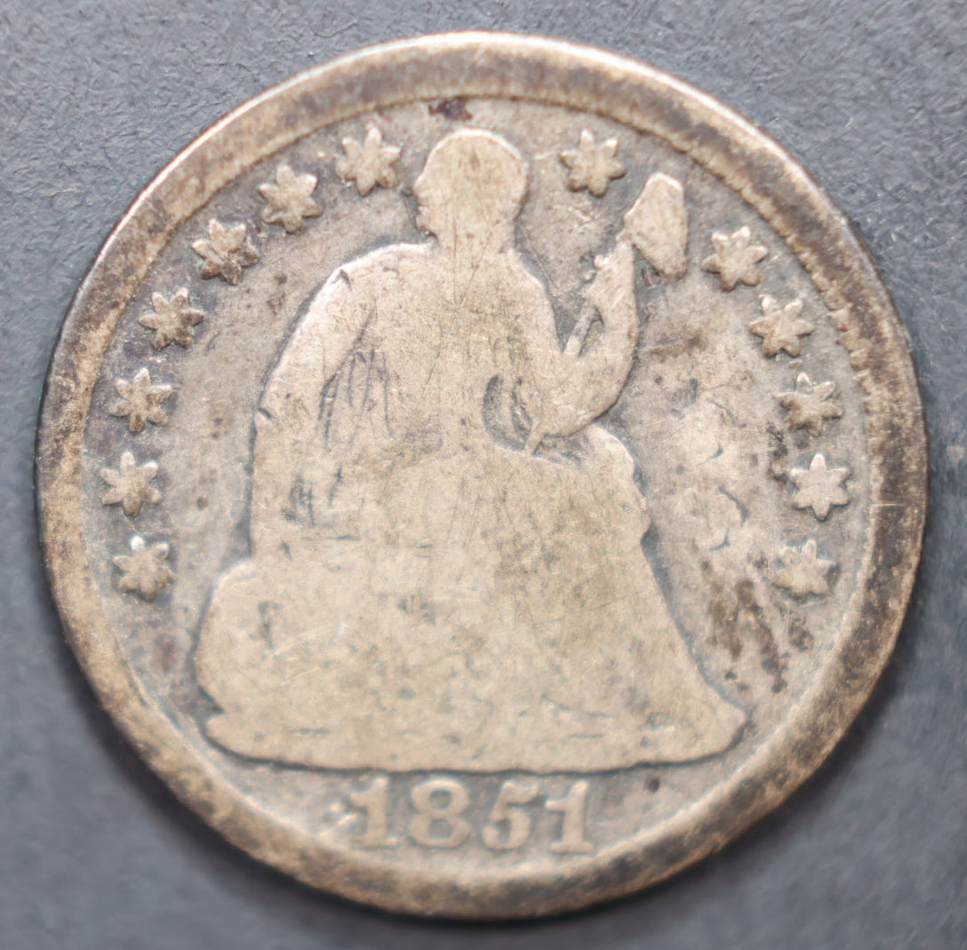 1851 Seated Liberty Half Dime, Good Plus Circulated Coin, Store #HE082.