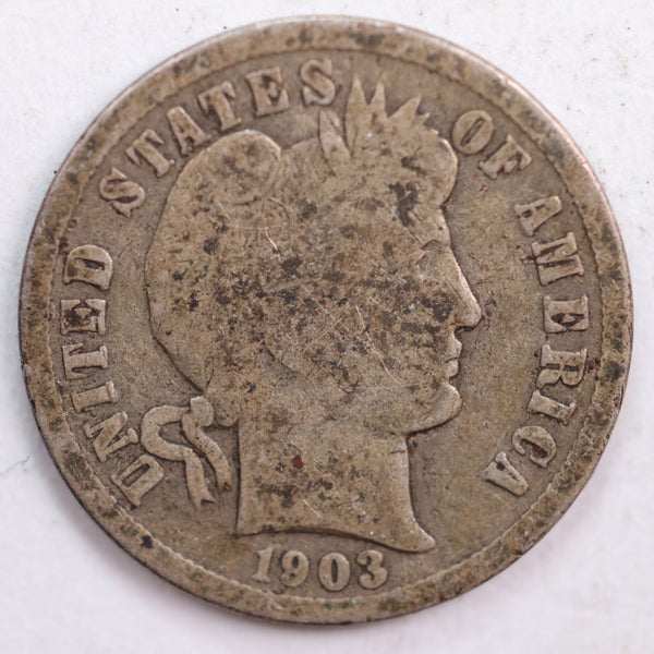1903 Barber Silver Dime, Good Circulated Coin, Store #DE0486