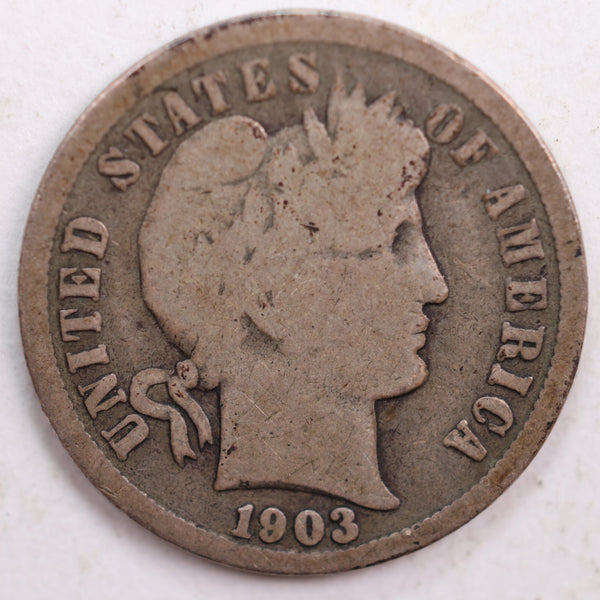1903 Barber Silver Dime, Good Circulated Coin, Store #DE0483
