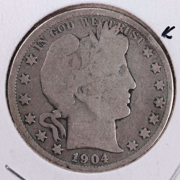 1904-S Barber Silver Half Dollar., Very Good Details., Circulated Coin., Store #HR089