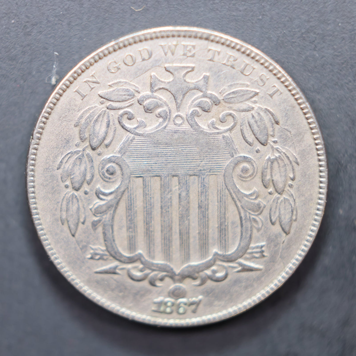 1867 Shield Nickel, No Rays, Very Fine Plus Circulated Coin, Store #NL029.
