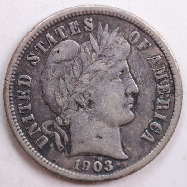 1903-S Barber Silver Dime, Very Fine+ Circulated Coin, Store #DE0479