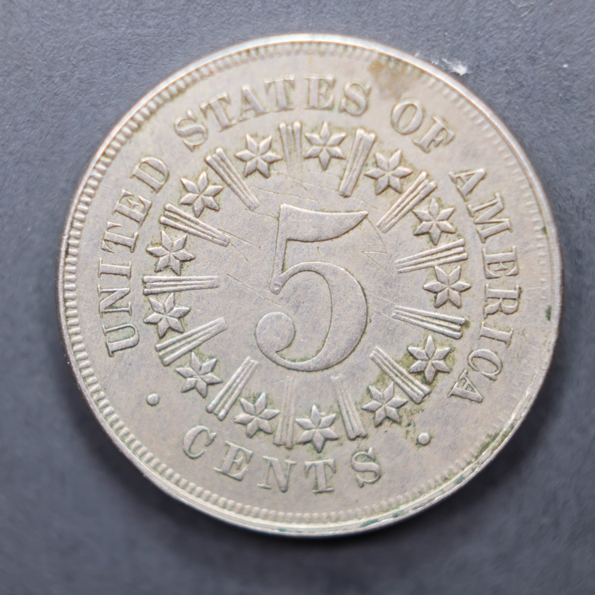 1867 Shield Nickel, With Rays, Very Fine Plus Circulated Coin, Store #NL031.
