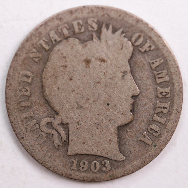 1903-S Barber Silver Dime, Abt Good Circulated Coin, Store #DE0478
