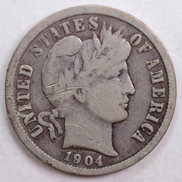 1904 Barber Silver Dime, Very Good Circulated Coin, Store #DE0477