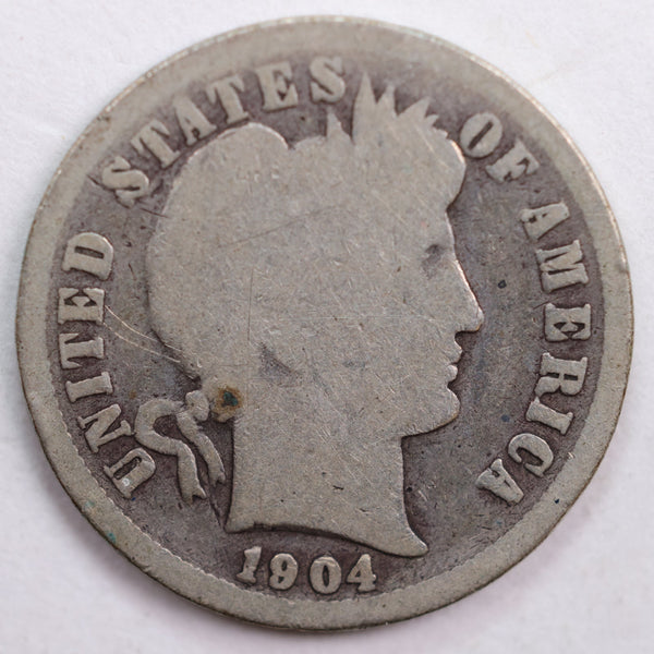 1904 Barber Silver Dime, Good Circulated Coin, Store #DE0476