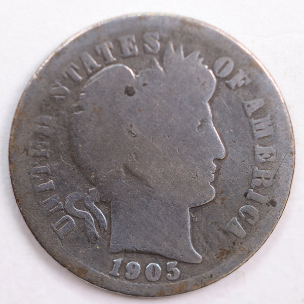 1905 Barber Silver Dime, Abt Good Circulated Coin, Store #DE0474