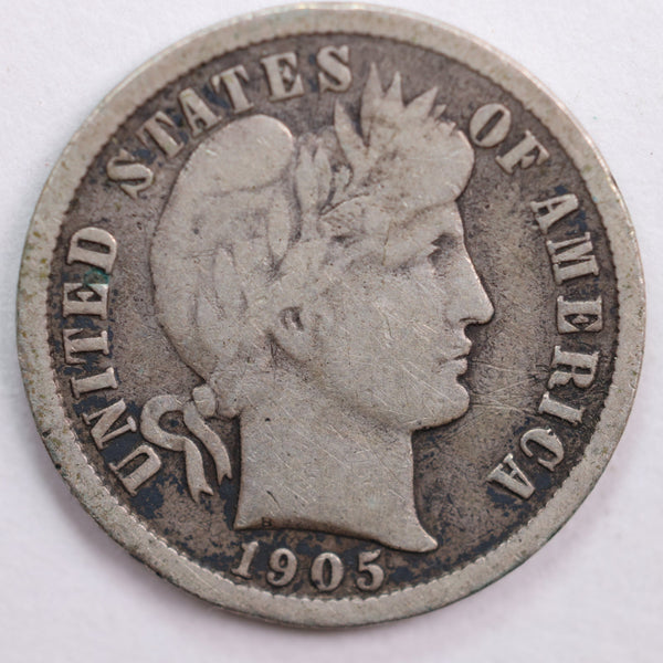 1905 Barber Silver Dime, Fine Circulated Coin, Store #DE0473