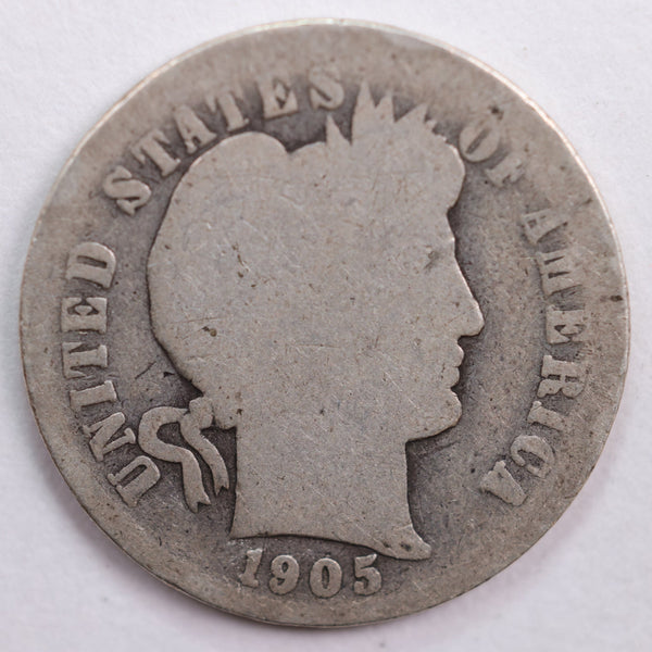 1905 Barber Silver Dime, Abt Good Circulated Coin, Store #DE0472