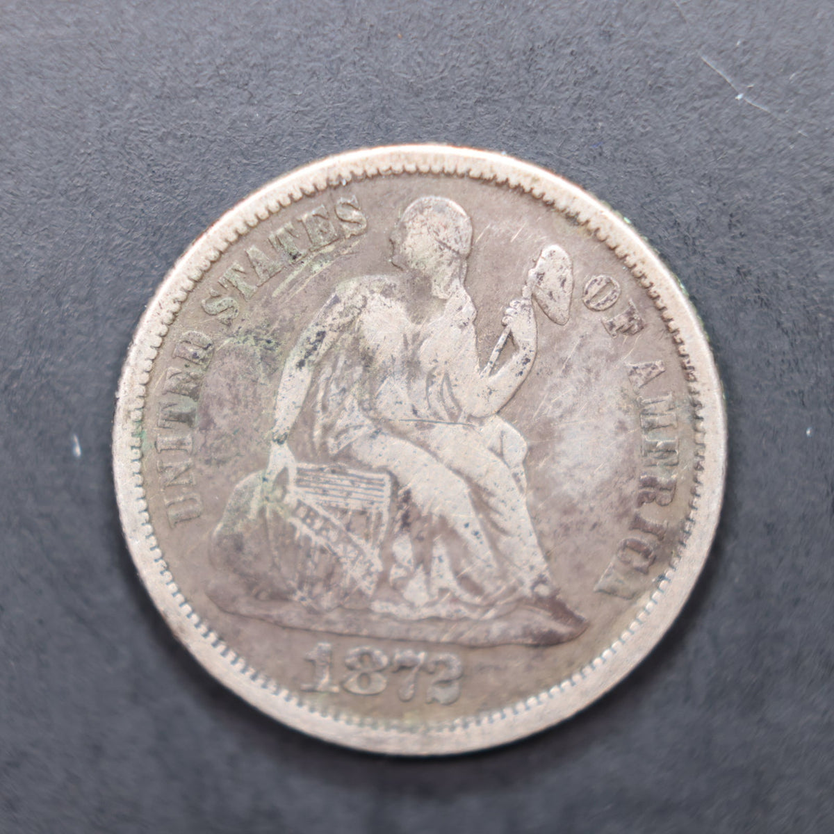 1872 Seated Liberty Silver Dime, Very Fine Circulated Coin, Store Sale #DE110.