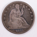 1861 Seated Liberty Silver Half Dollar., Very Fine., Circulated Coin., Store