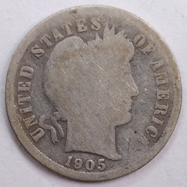 1905-S Barber Silver Dime, Abt Good Circulated Coin, Store #DE0468
