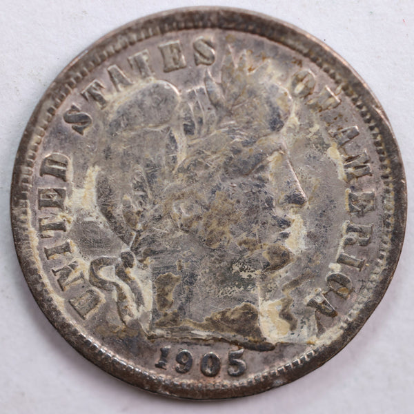 1905-S Barber Silver Dime, Very Good Circulated Coin, Store #DE0467