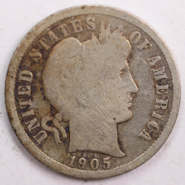 1905-S Barber Silver Dime, Very Good Circulated Coin, Store #DE0466