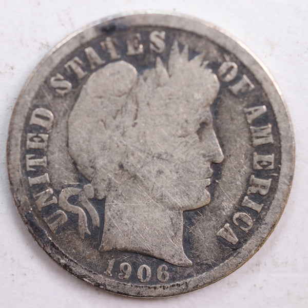 1906 Barber Silver Dime, Good Circulated Coin, Store #DE0464