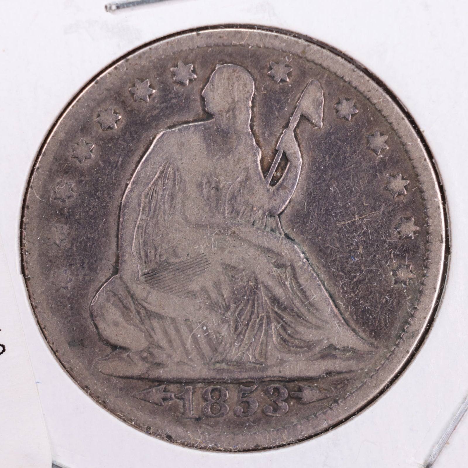 1853 Seated Liberty Silver Half Dollar, Very Good Circulated Coin, Store #HR107