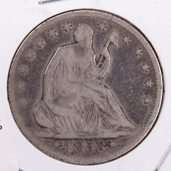 1853 Seated Liberty Silver Half Dollar., Very Good Circulated Coin., Store #HR107