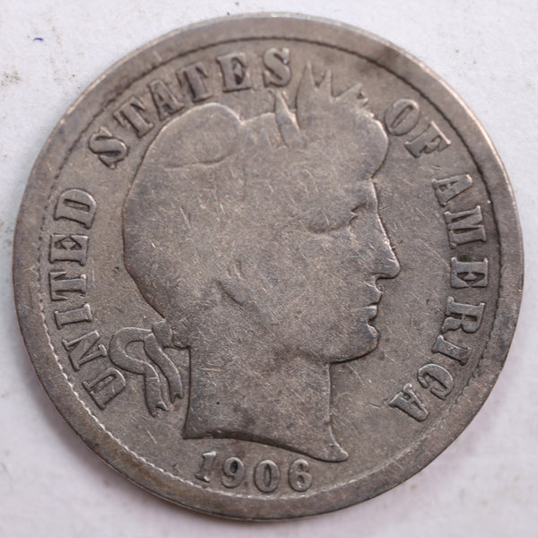 1906-D Barber Silver Dime, Good Circulated Coin, Store #DE0462