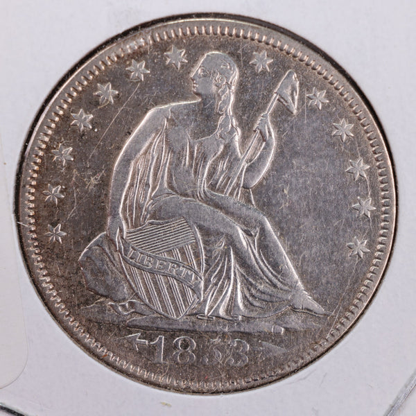 1853 Seated Liberty Silver Half Dollar., About Uncirculated Coin., Store #HR108