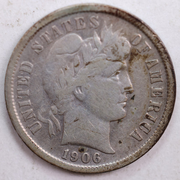1906-D Barber Silver Dime, Very Fine+ Circulated Coin, Store #DE0460