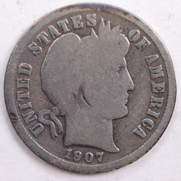 1907 Barber Silver Dime, Good Circulated Coin, Store #DE0458
