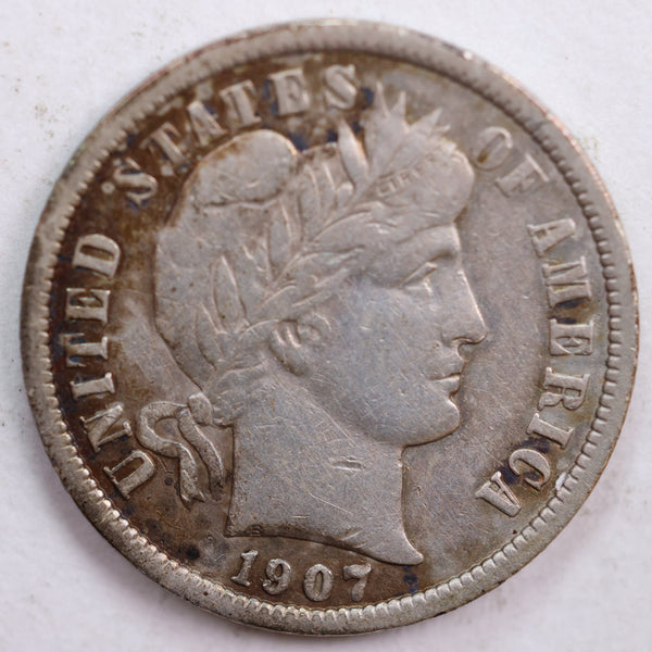 1907 Barber Silver Dime, Very Fine Circulated Coin, Store #DE0457