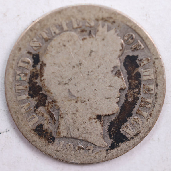 1907-D Barber Silver Dime, Abt Good Circulated Coin, Store #DE0456