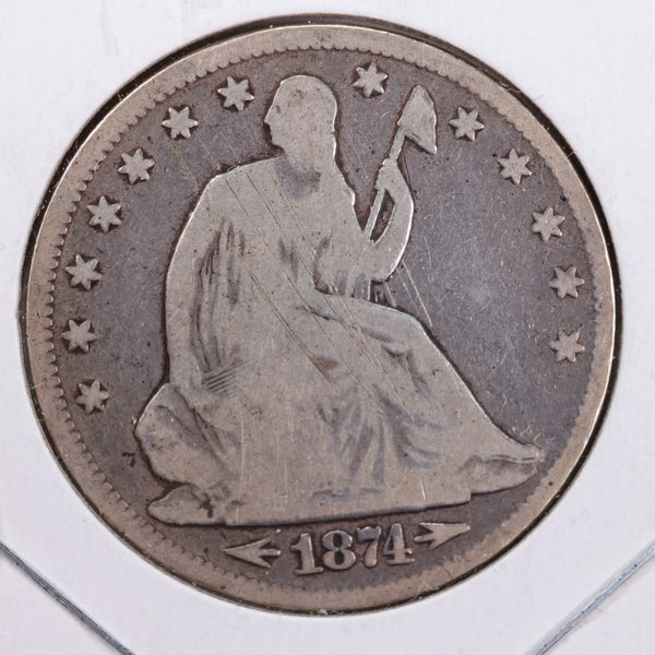1874 Seated Liberty Silver Half Dollar., Very Good Circulated Coin., Store #HR115