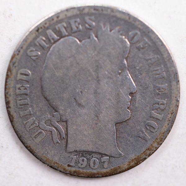 1907-D Barber Silver Dime, Good Circulated Coin, Store #DE0455