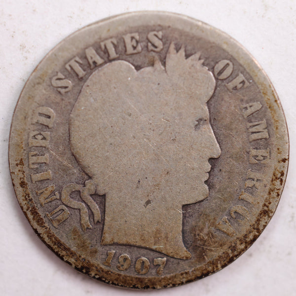 1907-D Barber Silver Dime, Abt Good Circulated Coin, Store #DE0454