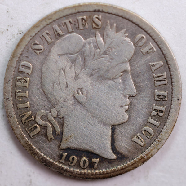 1907-D Barber Silver Dime, Fine Circulated Coin, Store #DE0453
