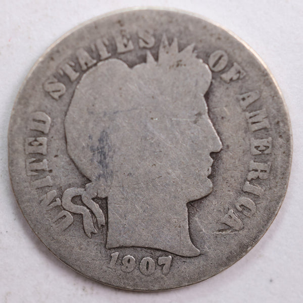 1907-O Barber Silver Dime, Abt Good Circulated Coin, Store #DE0452