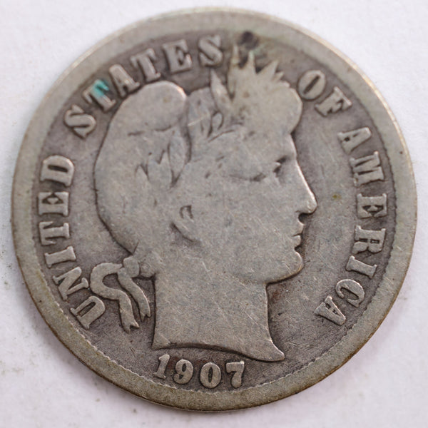 1907-O Barber Silver Dime, Good Circulated Coin, Store #DE0451