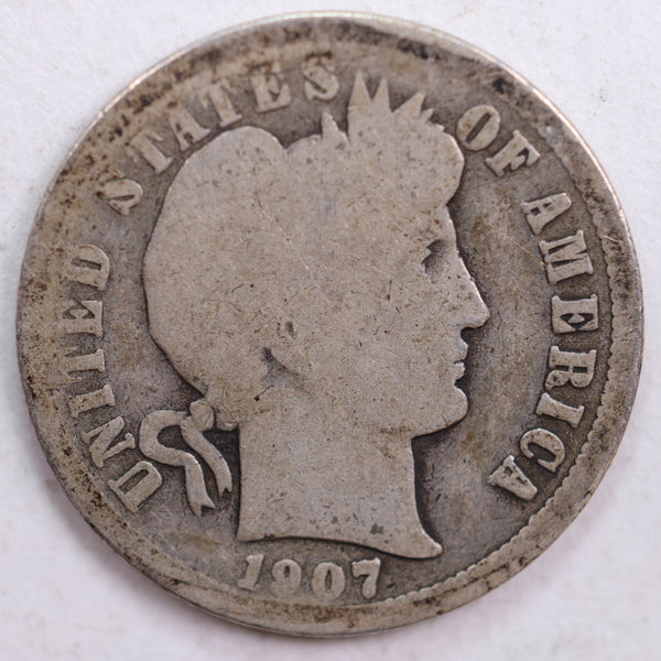 1907-S Barber Silver Dime, Abt Good Circulated Coin, Store #DE0450
