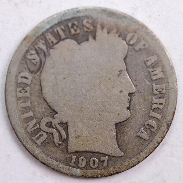 1907 Barber Silver Dime, Abt Good Circulated Coin, Store #DE0449