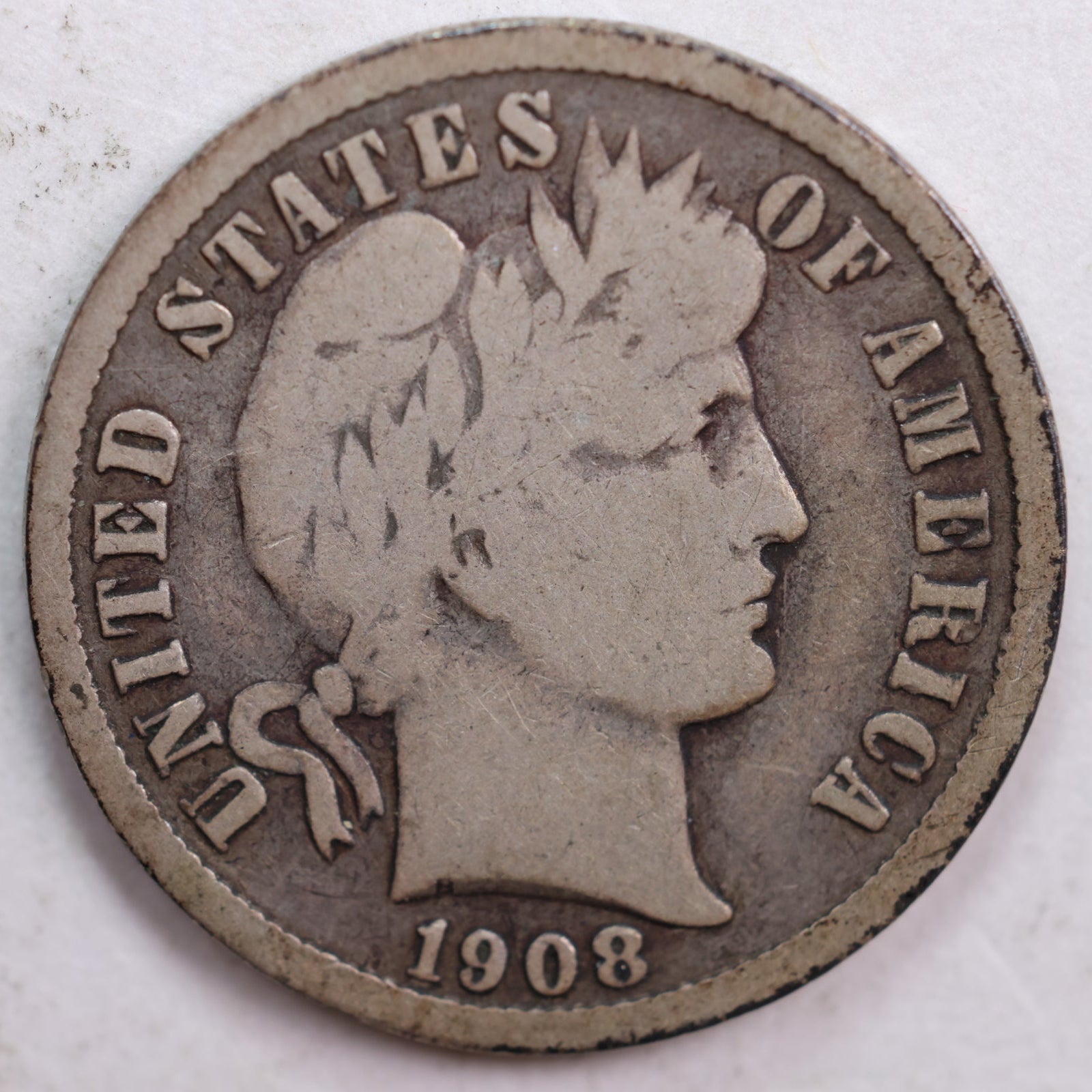 1908 Barber Silver Dime, Very Good Circulated Coin, Store #DE0447