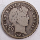 1908 Barber Silver Dime, Very Good Circulated Coin, Store