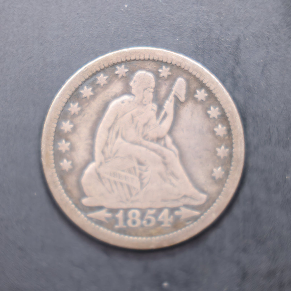 1854-O Seated Liberty Silver Quarter, Huge 'O', FIne Plus Circulated Coin,  Store#QR1574.