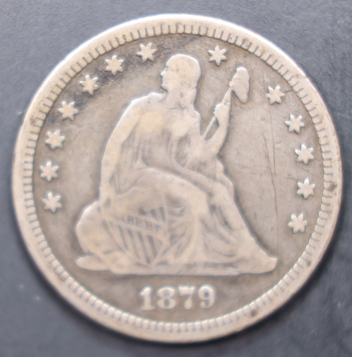 1879 Seated Liberty Silver Quarter, Fine Plus Circulated Coin,  Store Sale #QR1576.