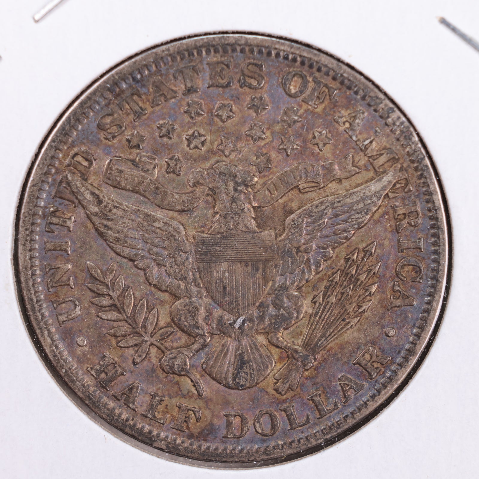 1893 Barber Silver Half Dollar, Counter Stamped "J.B. M Y AU Circulated Coin, Store #HR126