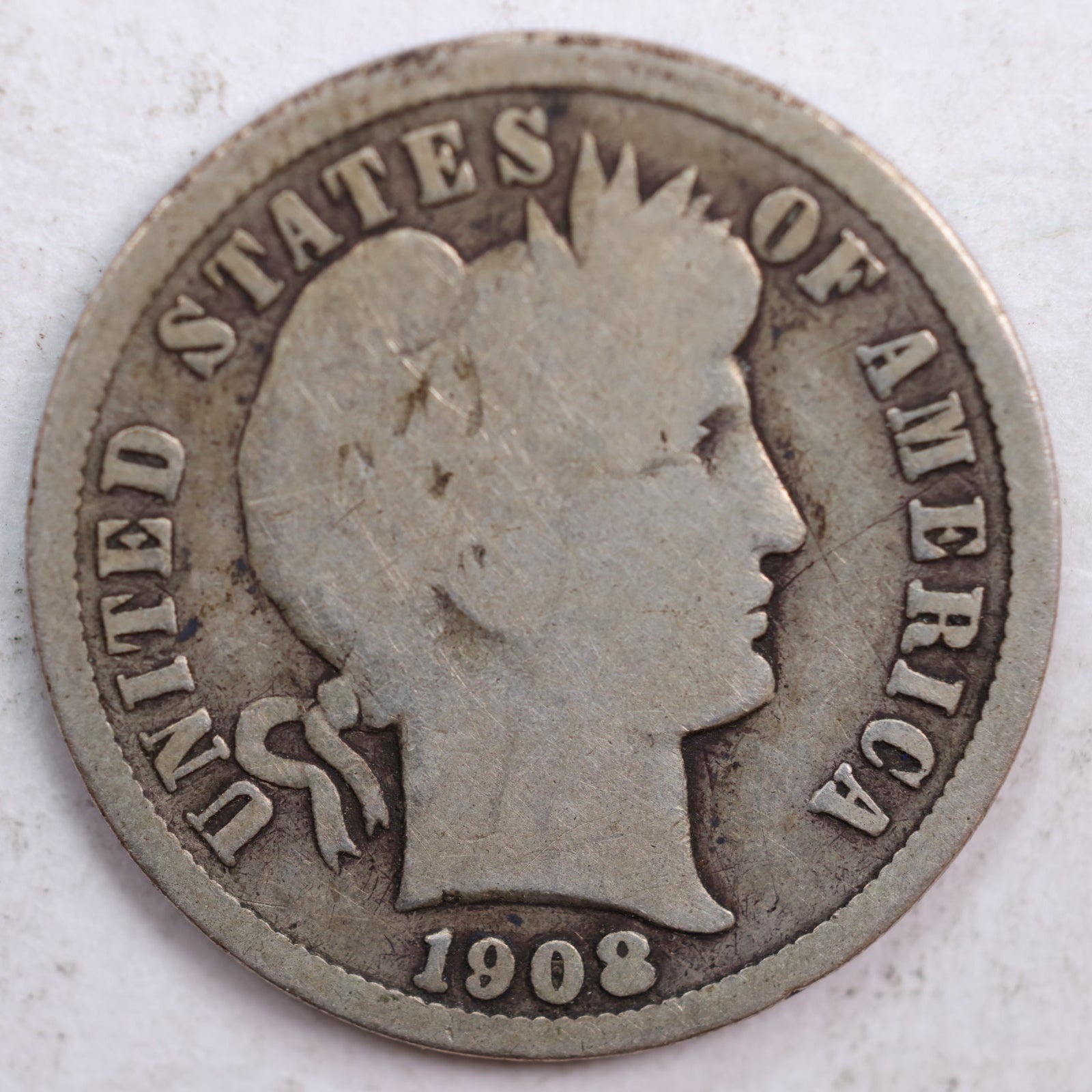 1908-S Barber Silver Dime, Good Circulated Coin, Store #DE0441