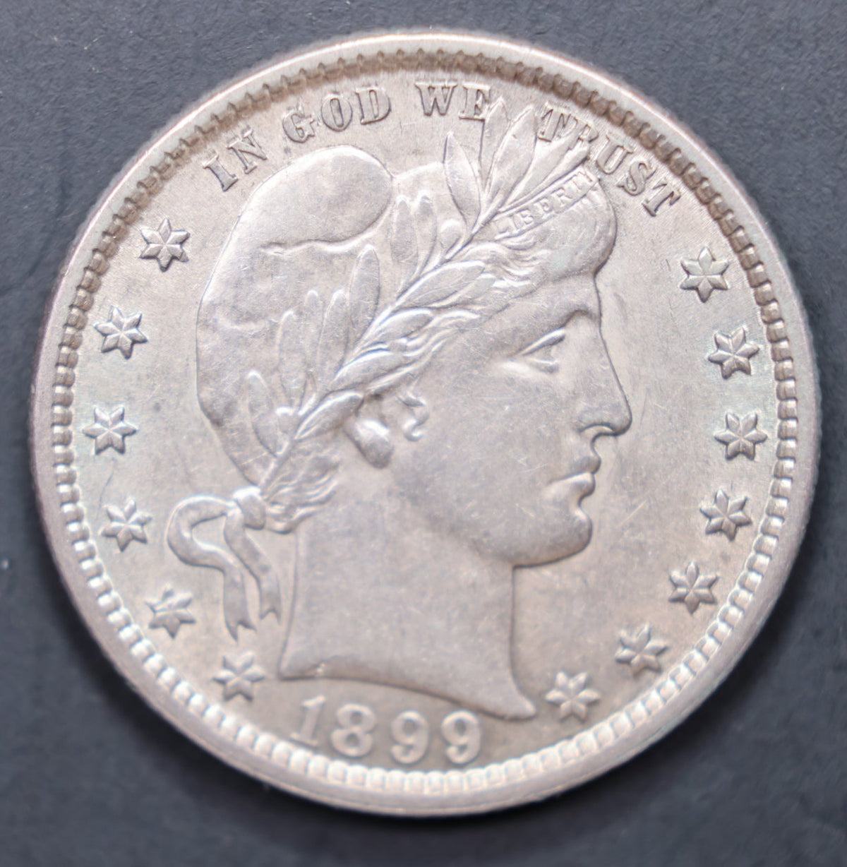 1899 Barber Silver Quarter, About Uncirculated/Slider Coin, Store SALE #QR1583.