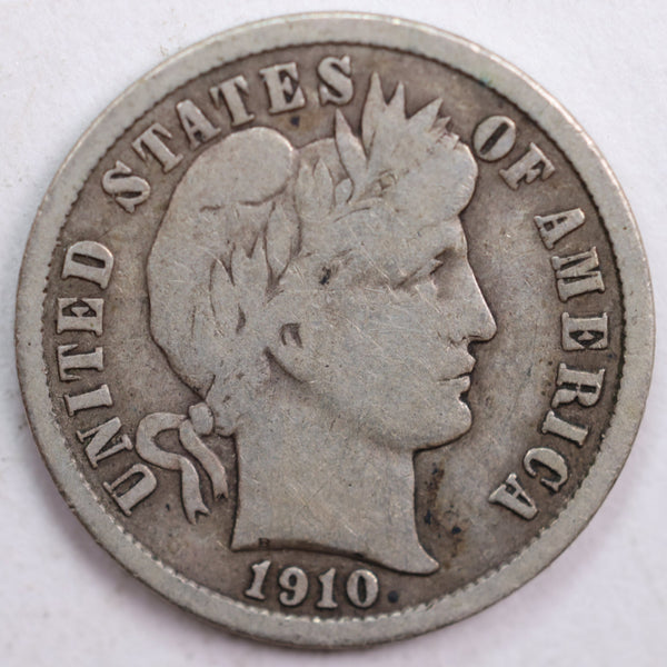 1910 Barber Silver Dime, Very Good+ Circulated Coin, Store #DE0433