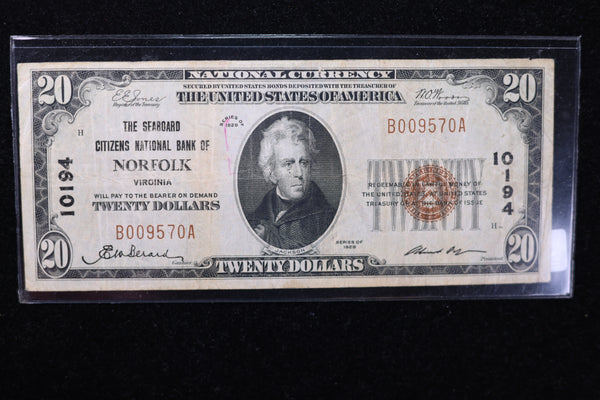 1929 $20 National Currency, 10194 "Norfolk". Choice Paper. Great Collectible. Store#23091302