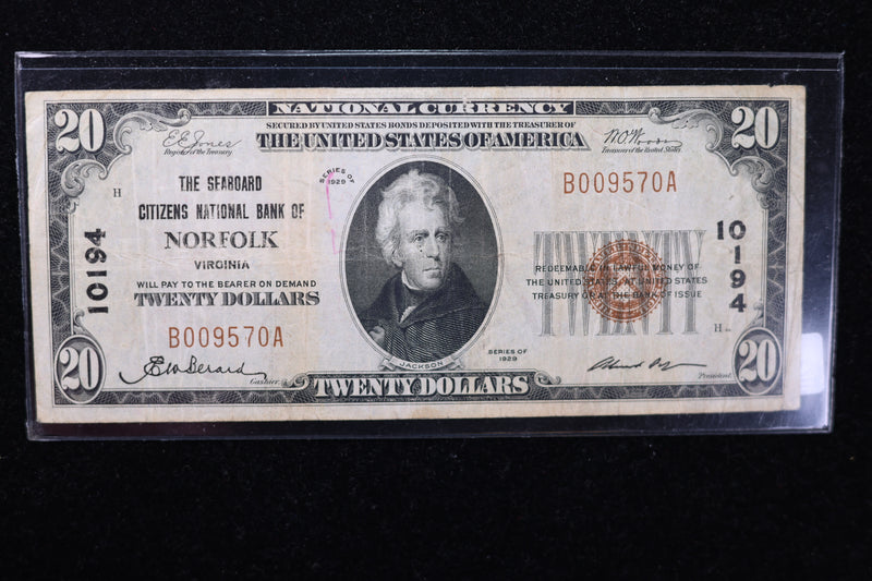 1929 $20 National Currency, 10194 "Norfolk". Choice Paper. Great Collectible. Store
