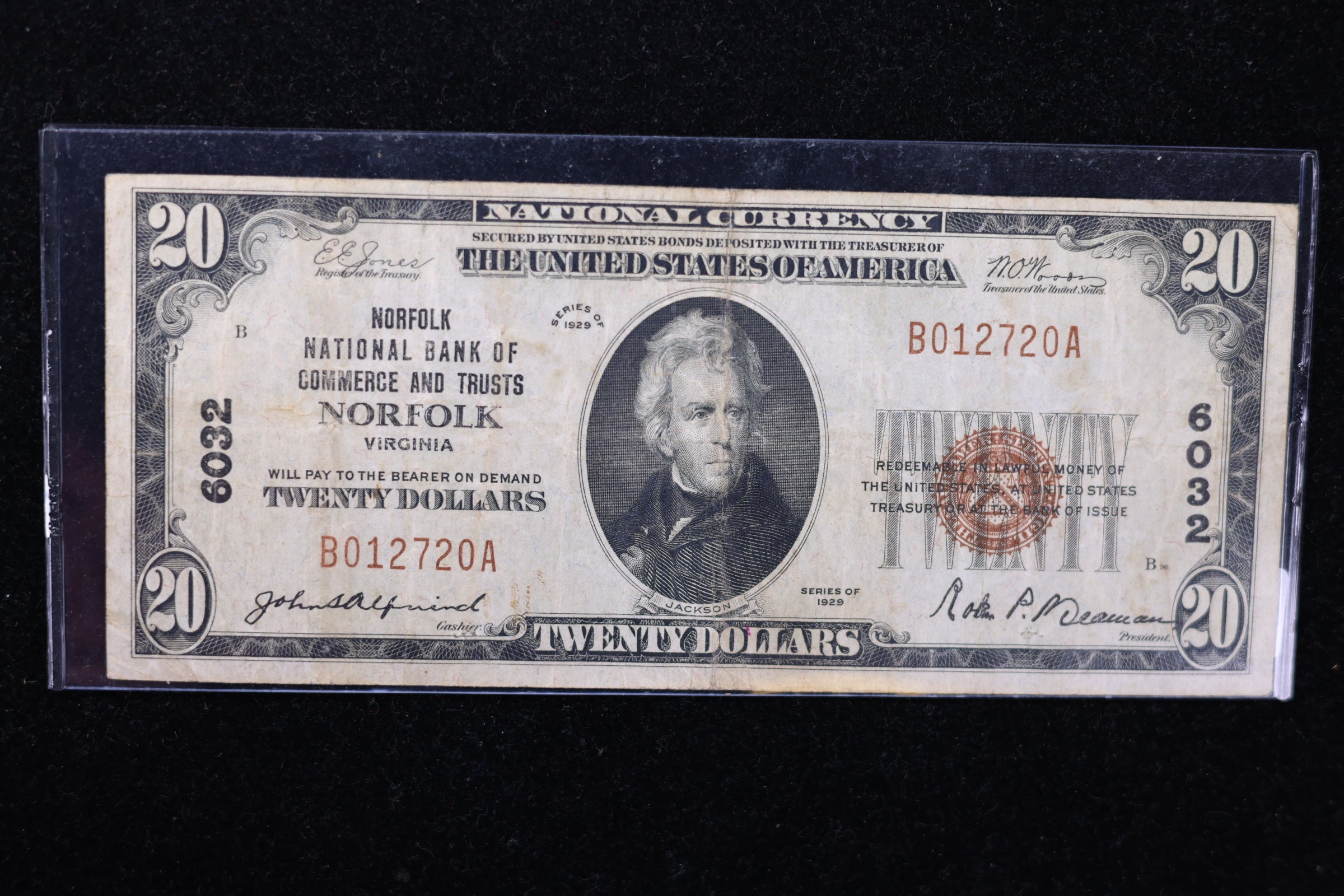 1929 $20 National Currency, 6032 "Norfolk". Choice Paper. Great Collectible. Store#23091303