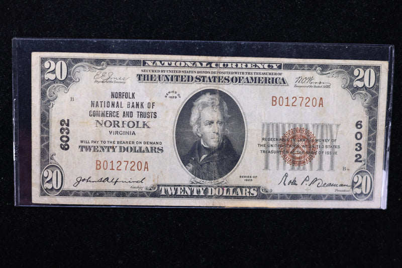 1929 $20 National Currency, 6032 "Norfolk". Choice Paper. Great Collectible. Store