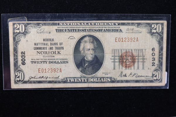 1929 $20 National Currency, 6032 "Norfolk". Choice Paper. Great Collectible. Store#23091304