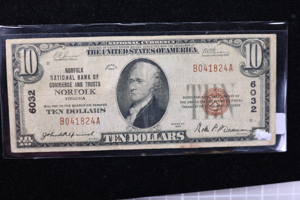 1929 $10 National Currency, 6032 "Norfolk". Choice Paper. Great Collectible. Store#23091305