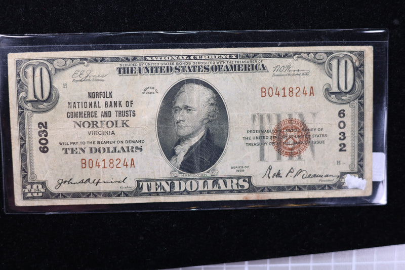 1929 $10 National Currency, 6032 "Norfolk". Choice Paper. Great Collectible. Store